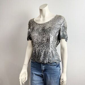 Scala Vintage Silver Sequin Top Short Sleeve Scallop Trim Size Large